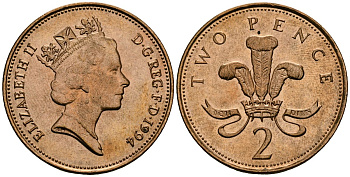 Великобритания 2 пенса 1994 Елизавета II (1952-2022) KM 936a, Spink 4376 (C4) сталь плакированная медью 3333-125