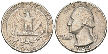 США 25 центов = квотер = 1/4 доллара 1943 Джордж Вашингтон KM 164 серебро 190-1222