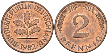 ФРГ 2 ПФЕННИГА 1982 F KM 106a, J.381a сталь плакированная сталь плакированная медьюю UNC 75-447