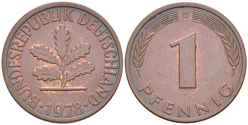 ФРГ 1 ПФЕННИГ 1978 D KM 105, J. 380 сталь плакированная медью 4181-629
