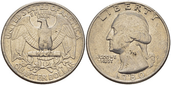 США 25 центов (квотер) 1980 P, Вашингтон KM А164а медь плакированная медно-никелем 31-736