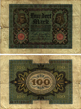 Германия 100 марок 1920 Бамбергский всадник, 8 цифр в номере, серия Q, буква O Pick 69 b, Розенберг 69b бумага 8609-58-2