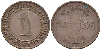 ГЕРМАНИЯ 1 РЕЙХСПФЕННИГ 1936 D KM 37, J. 313, Weege 2 бронза 211-132