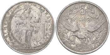 Французская Новая Каледония 5 франков 2008 птица кагу, (IEOM) KM 16, Schoen 12, Lec 81k алюминий 215-433