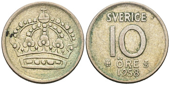 Швеция 10 эре 1958 Густав VI Адольф (1950-1973) KM 823 серебро 4564-743