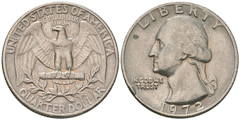 США 25 центов (квотер) 1972 Вашингтон KM 164a медь плакированная медно-никелем 4597-153