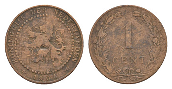Нидерланды 1 цент 1904 Вильгельмина (1890-1948) KM 132 бронза 73-225
