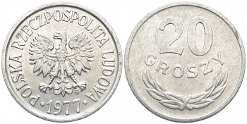 ПОЛЬША 20 ГРОШЕЙ 1977 MW KM A47 алюминий 112-1247