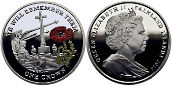 Фолклендские острова 1 крона 2014 в память героев первой мировой войны, военный мемориал Содружества, красный мак KM 176a.1 серебро, эмаль  PROOF 1071-2-44