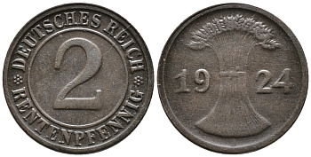 ГЕРМАНИЯ 2 РЕНТЕНПФЕННИГА 1924 A KM 31, J. 307 бронза 24-656