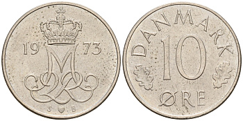 Дания 10 эре 1973 S; B, Маргрете II (1972-) KM 860.1 медно-никель    4596-323