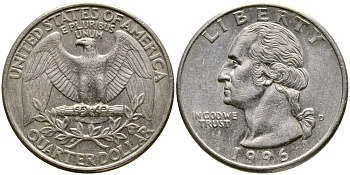 США 25 центов (квотер) 1996 D, Вашингтон KM А164а медь плакированная медно-никелем 259-416