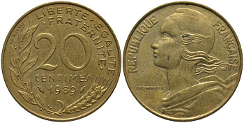 ФРАНЦИЯ 20 САНТИМОВ 1989 ТИП MARIANNE KM 930, LE FRANC 156.29 медь алюминий никель 181-434