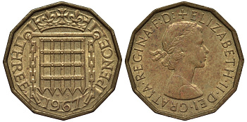 Великобритания 3 пенса 1967 Елизавета II (1952-2022) KM 900, Spink 4153 никель латунь 4538-1144