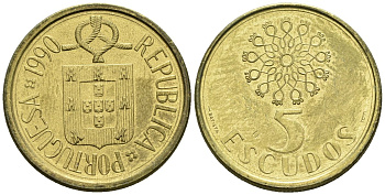 Португалия 5 эскудо 1990 KM 632 никель латунь 4148-445