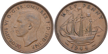 Великобритания 1/2 пенни 1944 Георг VI (1936-1952) KM 844, Spink 4115 бронза 4589-925