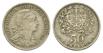 Португалия 50 сентаво 1965 голова Свободы вправо KM 577 никель латунь 4659-646