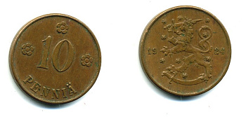 Финляндия 10 пенни 1924 республика (1918-1962) KM 24 медь 46-2512