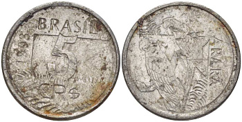 БРАЗИЛИЯ 5 КРУЗЕЙРО РЕАЛ 1993 РЕФОРМА 1993-1994, ПОПУГАИ АРА KM 627 нержавеющая сталь 4388-246