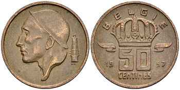Бельгия 50 сантимов 1957 Belgie, Бодуэн I (1951-1993) KM 149.1 бронза 4528-965