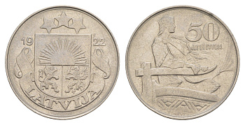 Латвия 50 сантимов 1922 год-тип KM 6 никель 4657-745