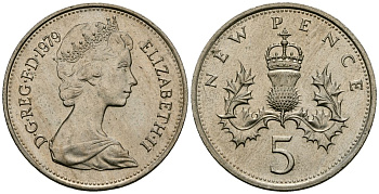Великобритания 5 пенсов 1979 Елизавета II (1952-2022) KM 911, Spink 4233 (D1) медно-никель 4538-226