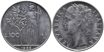 ИТАЛИЯ 100 ЛИР 1966 R, АФИНА KM 96.1 сталь 32-944