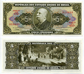 БРАЗИЛИЯ 5 КРУЗЕЙРО 1964 ПОДПИСЬ 14 Pick 176d бумага UNC (ПРЕСС) 7147-1-1