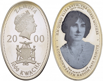 Замбия 1000 квача 2000 100 лет королеве матери - ранние годы, овал, эмаль KM 75 медно-никель PROOF 5010-531