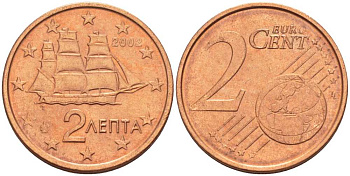 ГРЕЦИЯ 2 ЕВРОЦЕНТА 2002 KM 182 сталь плакированная медью UNC 214-344