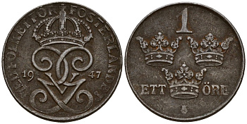 Швеция 1 эре 1947 Густав V (1907-1950) KM 810 железо 4154-736
