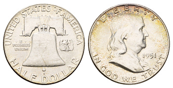 США 1/2 доллара (50 центов) 1951 Бенджамин Франклин, колокол KM 199 серебро aUNC 1531-125
