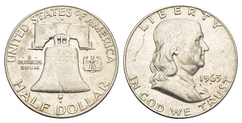 США 1/2 доллара (50 центов) 1963 Бенджамин Франклин, колокол KM 199 серебро    4653-145