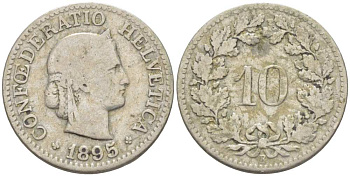 Швейцария 10 раппенов 1895 В KM 27 медно-никель 4513-213