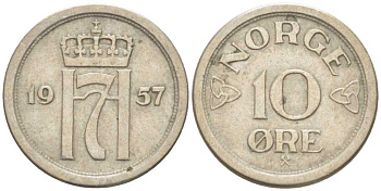 НОРВЕГИЯ 10 ЭРЕ 1957 ХАКОН VII (1905-1957) KM 396 медно-никель 211-1212