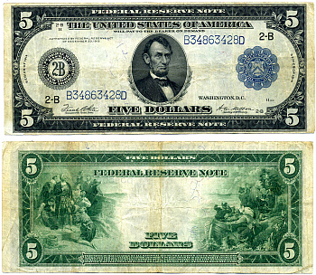 США 5 долларов 1914 серебряный сертификат, Авраам Линкольн, Буква В (Нью-Йорк), подписи WHITE & MELLON, голубая серия Pick 359bB (4-1)  бумага   451-114-1