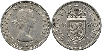 Великобритания 1 шиллинг 1966 Елизавета II (1952-2022), Шотландский герб KM 905, Spink 4148 медно-никель 4577-721