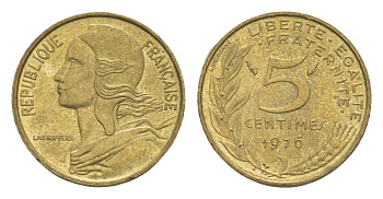 Франция 5 сантимов 1976 KM 933 алюминиевая бронза 4174-333