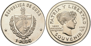 Куба 1 песо 1987 90 лет "сувенирного" песо KM 165 медно-никель PROOF 4165-322