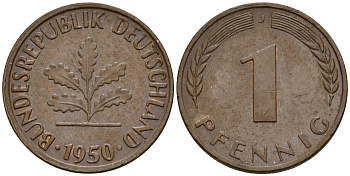 ФРГ 1 пфенниг 1950 J KM 105 сталь плакированная медью    4189-223