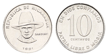 Никарагуа 10 сентаво 1981 год-тип KM 50 алюминий UNC 26-416