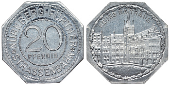 Германия, Нюрнберг - Фюрт 20 пфеннигов ND трамвайный жетон, новая ратуша алюминий UNC 4119-547