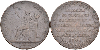 Франция 2 соля (су) 1791 LAN III, революции, токен, MONNERON FRERES NEGOCIANS A PARIS (Торговцы братья Моннерон. Париж) KM Tn23, Guilloteau 233 бронза 189-514
