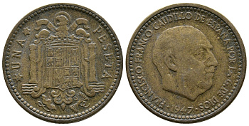 ИСПАНИЯ 1 ПЕСЕТА 1947 (52) ФРАНСИСКО ФРАНКО ДИКТАТОР ИСПАНИИ (1939-1975) KM 775 алюминиевая бронза 4110-1421
