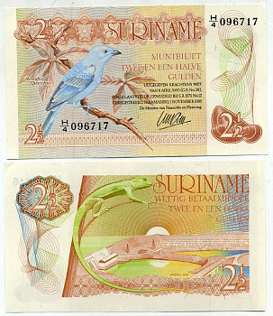 Суринам 2 1/2 гульдена 1985 голубая танагра, дамба Pick 119 a бумага UNC (пресс) 6266-25-3-2