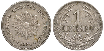 Уругвай 1 сентесимо 1924 KM 19 медно-никель 187-336