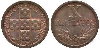 Португалия 10 сентаво 1951 редкий год, хорошее состояние KM 583 бронза 4164-166