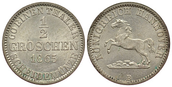Брауншвейг-Каленберг-Ганновер 1/2 грошена 1865 В, Георг  V (1851-1866) KM 235, AKS 149 серебро  aUNC  413-2724