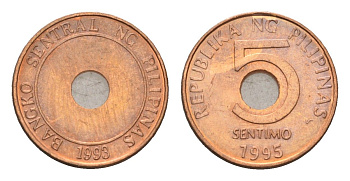 Филиппины 5 сентимо 1995 KM 268 сталь плакированная медью UNC 4174-1055