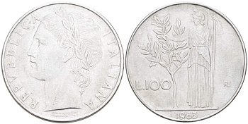 ИТАЛИЯ 100 ЛИР 1963 R, АФИНА KM 96.1 нержавеющая сталь 4526-126